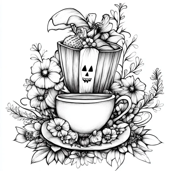 Coffee cup with halloween pumpkin-style ghost face filter, surrounded by various flowers — free printable still life coloring book page