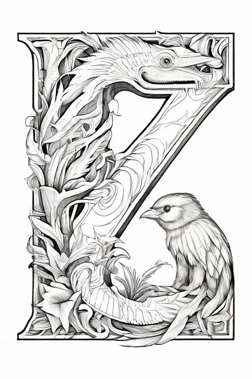 Letter y shaped with a dragon and a small bird, decorative fantasy art style — free printable letter art coloring book page