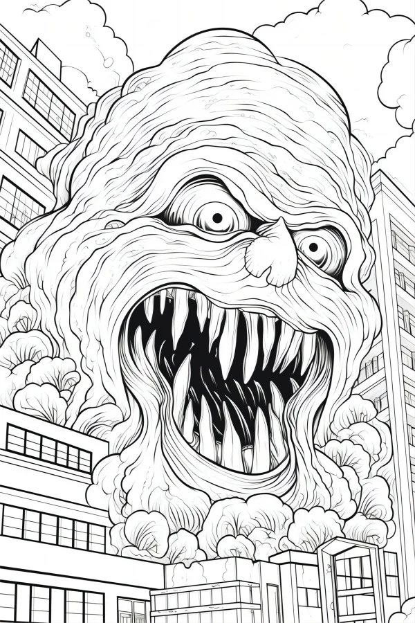 Giant city-destroying monster with sharp fangs, cartoon style — free printable monster coloring book page