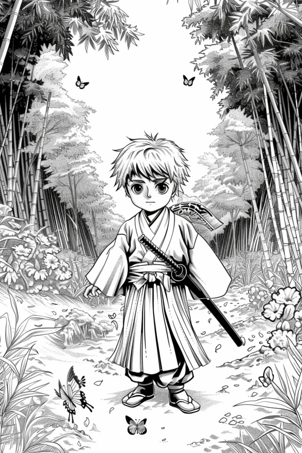 Cartoon samurai boy in traditional japanese kimono, standing in a bamboo forest with butterflies and wild flowers — free printable samurai coloring book page