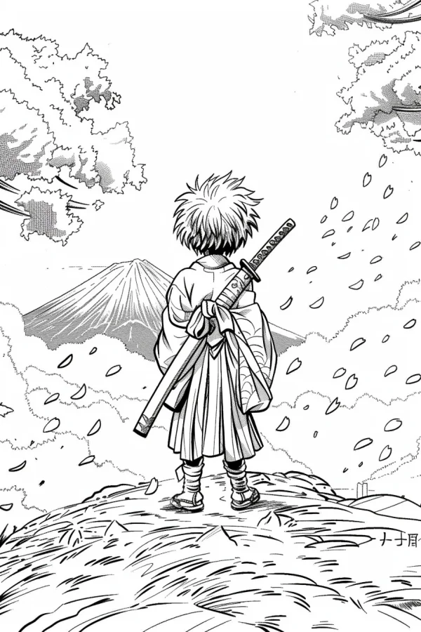 Young samurai with a sword on his back, anime style — free printable samurai coloring book page