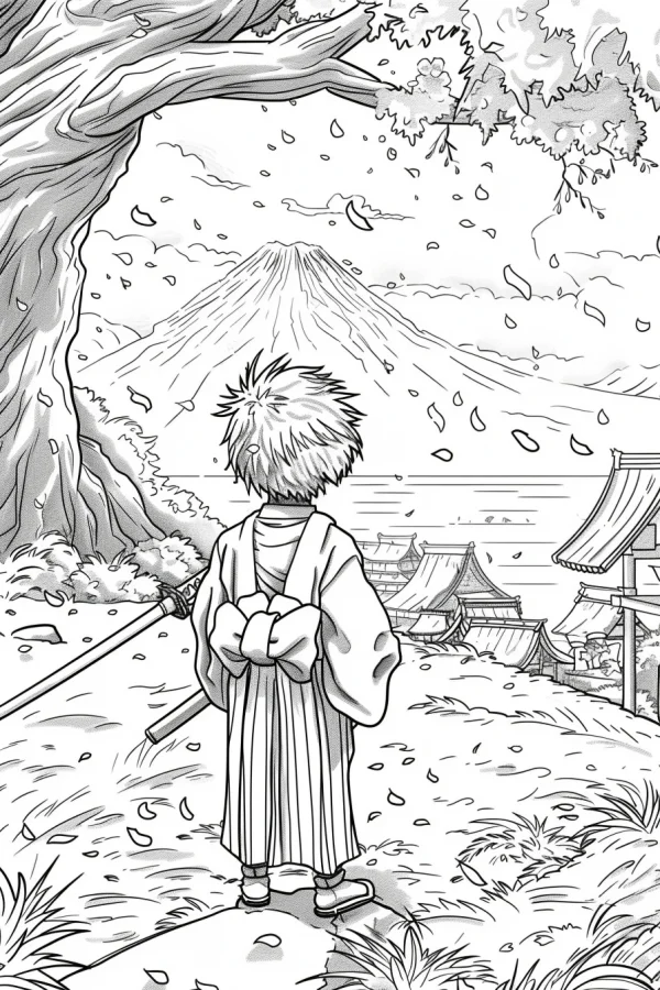 Coloring book page, back view of a samurai with a sword — free printable samurai coloring book page