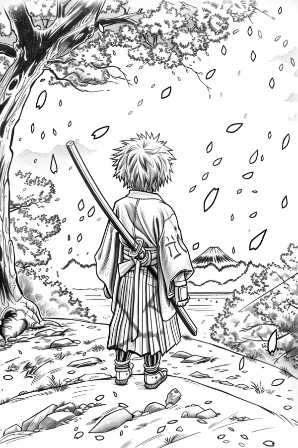 Back view of anime samurai boy with katana, japanese style — free printable samurai coloring book page