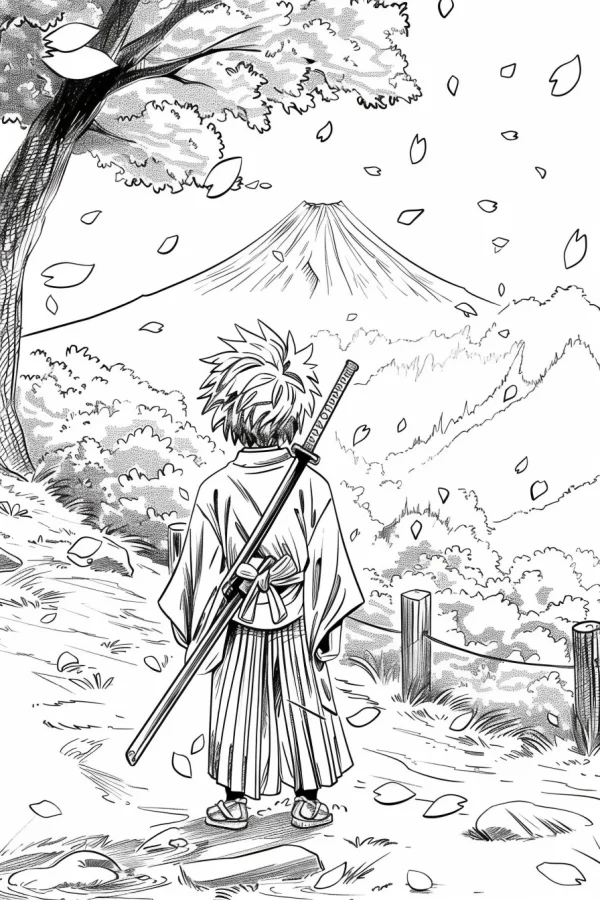 Back view of japanese samurai with katana, anime and japanese style — free printable samurai coloring book page