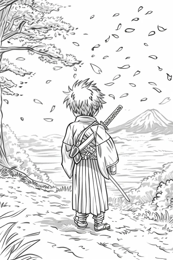 Back view of cartoon samurai boy, japanese cartoon style — free printable samurai coloring book page