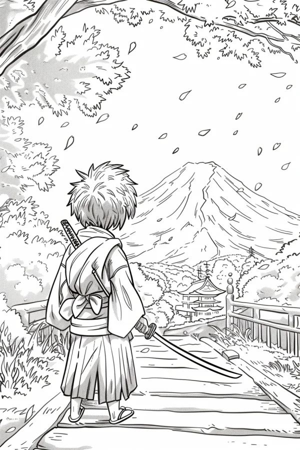 Back view of a samurai holding a katana, anime sketch style — free printable samurai coloring book page