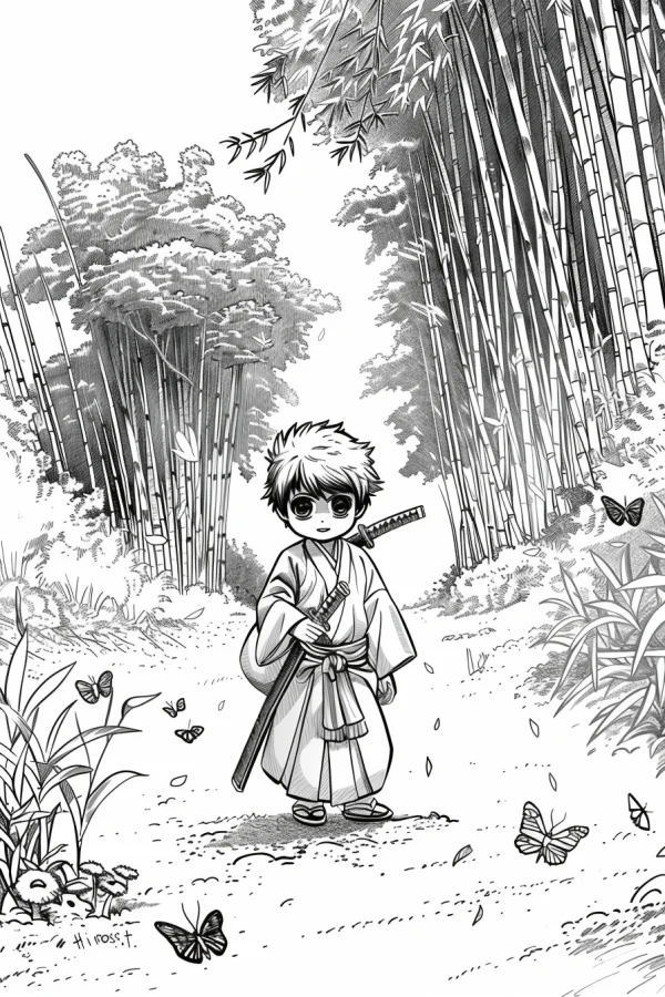 Cartoon little samurai with katana, standing in bamboo forest — free printable samurai coloring book page