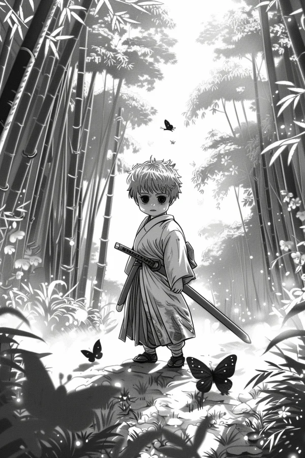 Cute chibi samurai standing in bamboo forest, anime cartoon style — free printable samurai coloring book page