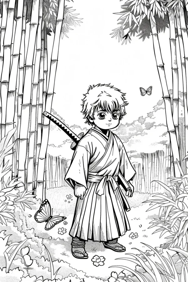 Cartoon little samurai with a katana, standing in a bamboo forest — free printable samurai coloring book page