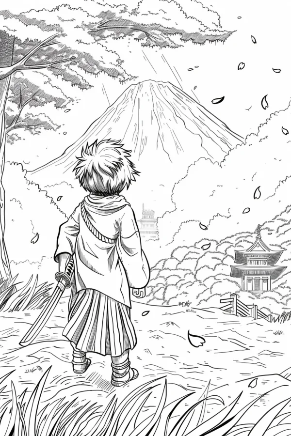 Back view of a samurai holding a katana, anime and japanese style — free printable samurai coloring book page