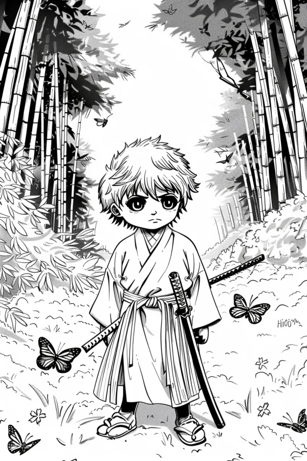 Cartoon samurai boy, anime style — free printable samurai coloring book page