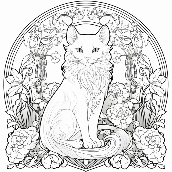 Elegant long-haired cat, art nouveau style — free printable art nouveau coloring book page