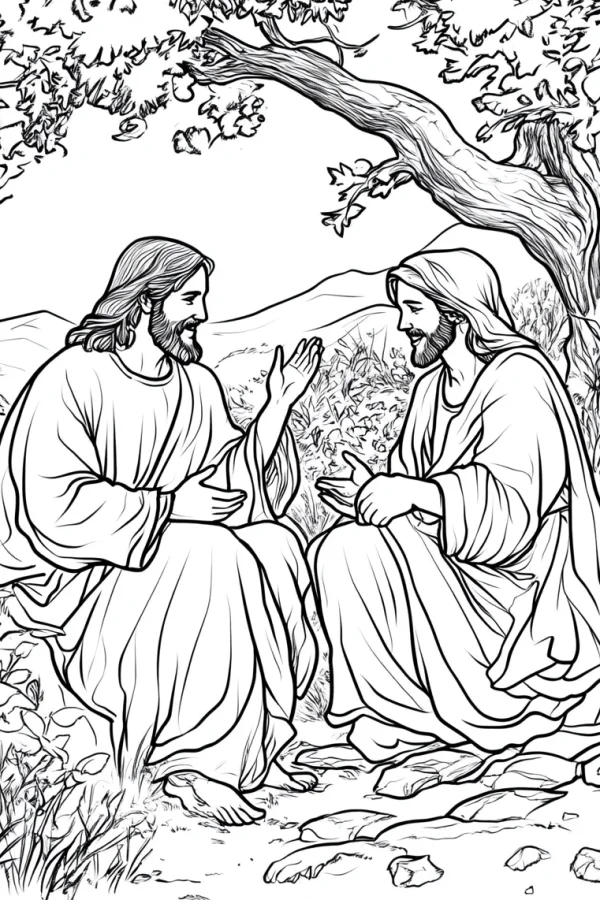 Two jesus-like religious figures conversing under a tree, realistic line art style — free printable history coloring book page