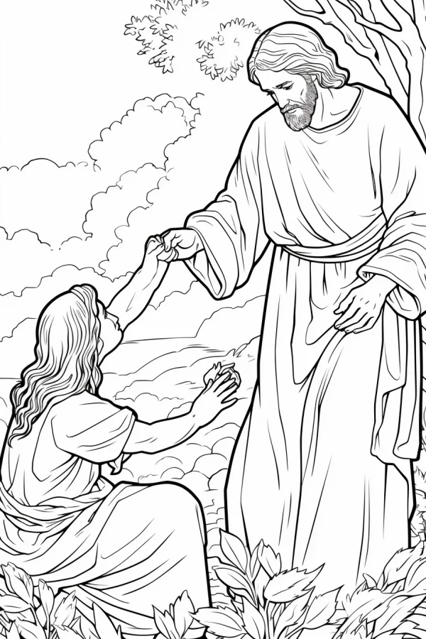 Jesus interacting with a kneeling believer, realistic line art style — free printable bible stories coloring book page