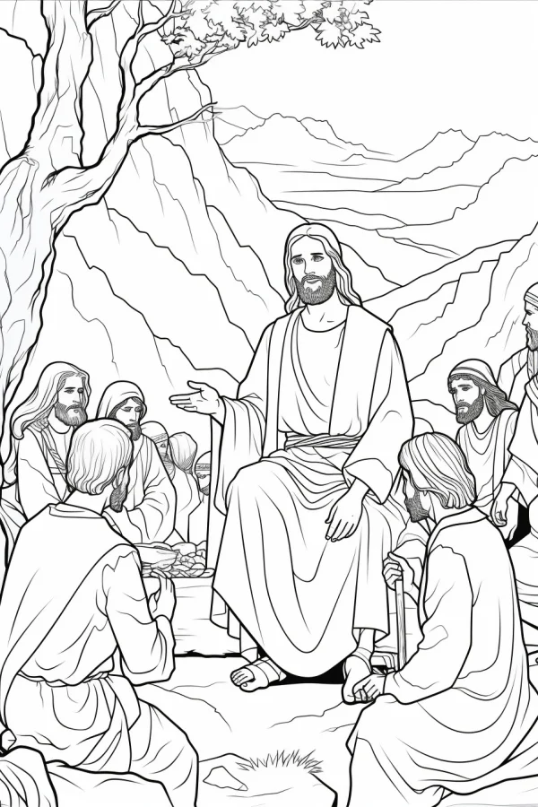 Jesus preaching to his disciples, religious scene — free printable religious stories coloring book page