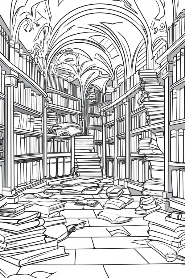 Coloring book page, messy library filled with scattered and stacked books — free printable library coloring book page