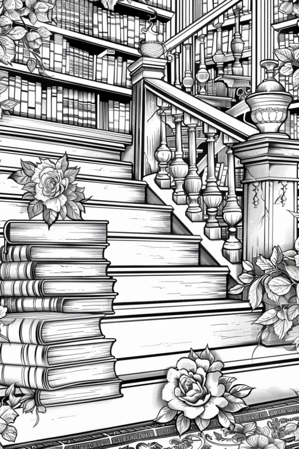 Library stairs with stacked books and blooming roses, realistic style — free printable library coloring book page