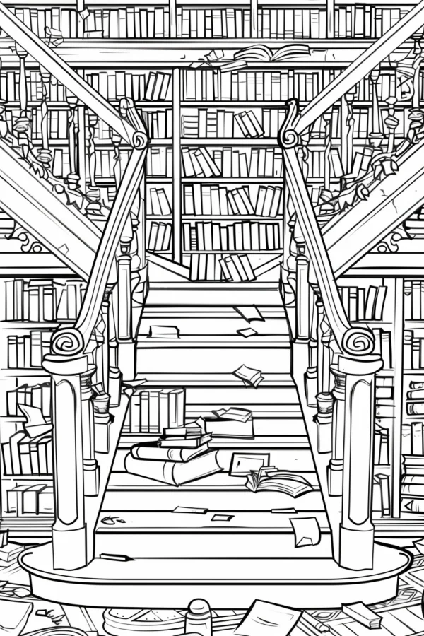 Library stairs piled with books, realistic style — free printable library coloring book page