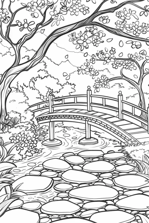Stone arch bridge over stream with stepping stones, sketch style — free printable gardens coloring book page