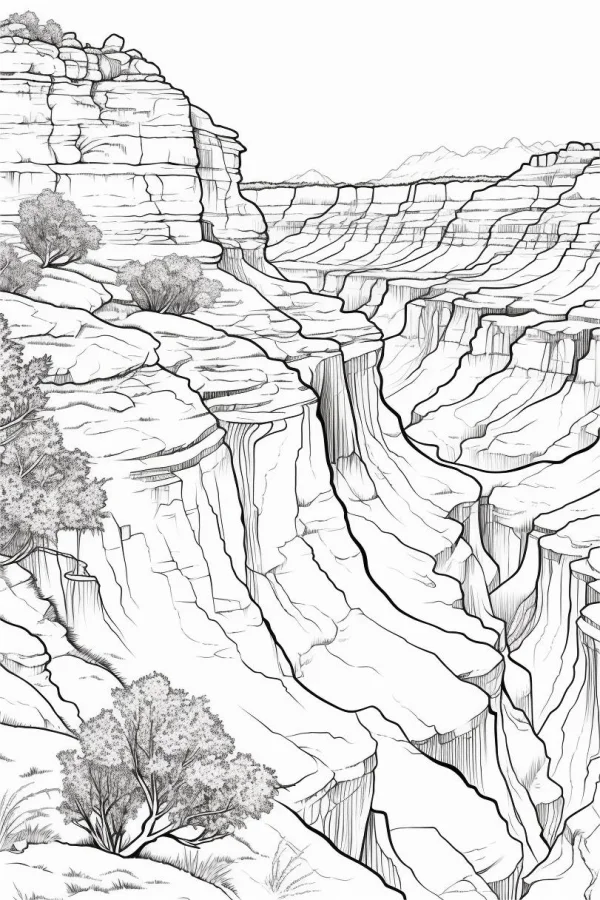 Canyon mountain natural landscape, realistic style — free printable canyon coloring book page