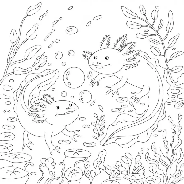 Coloring book page, two cute axolotls in underwater environment — free printable amphibians coloring book page
