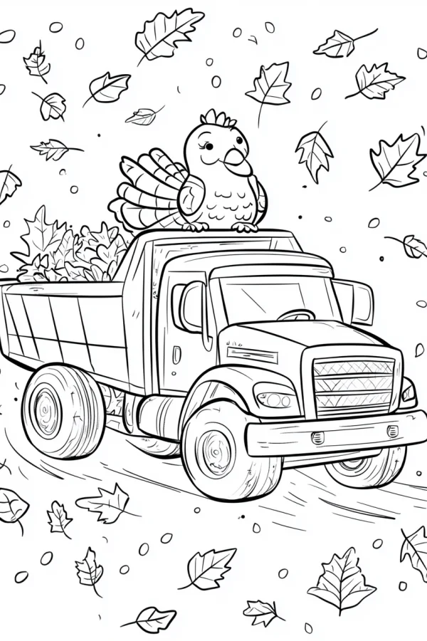 Cute turkey sitting on a dump truck, cartoon style — free printable vehicles coloring book page