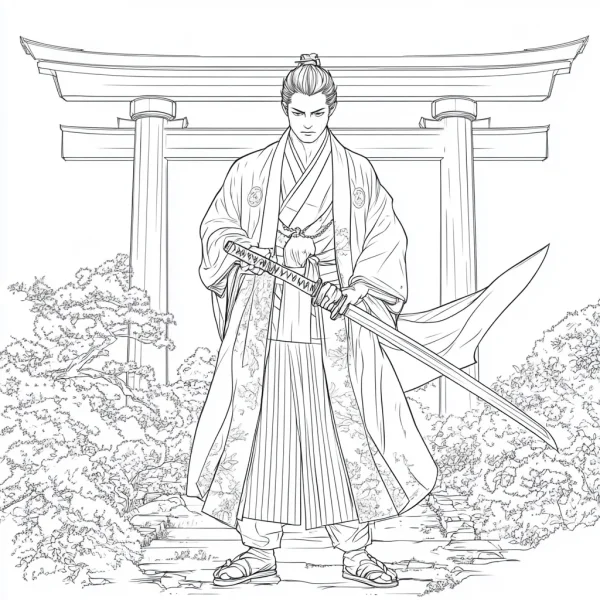 Samurai holding katana, japanese style — free printable samurai coloring book page