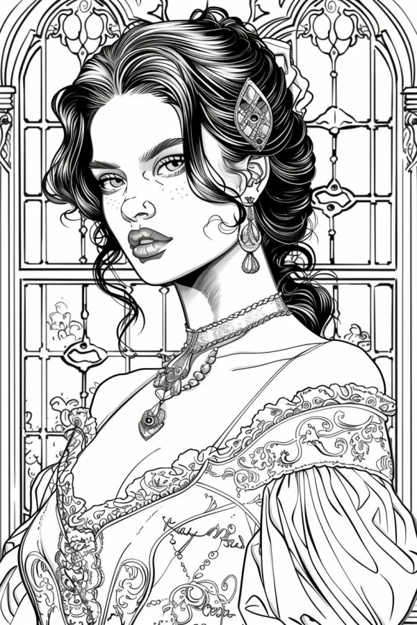Vintage court girl with curly hair and freckles, retro baroque style — free printable court coloring book page