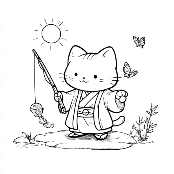 Cartoon cat in kimono fishing, cute japanese style — free printable fishing coloring book page