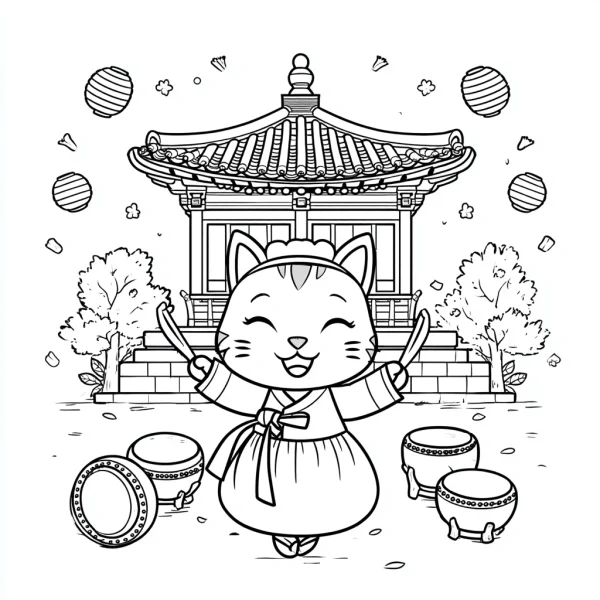 Cartoon cat in korean hanbok playing drums, korean style traditional house and drums around — free printable other coloring book page
