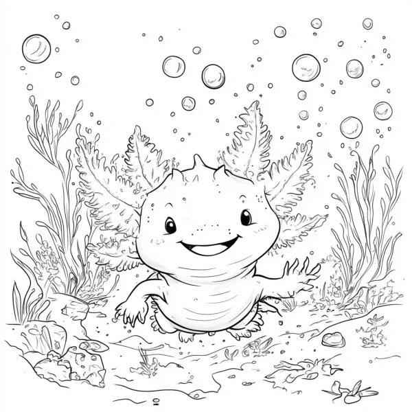 Smiling cute axolotl, cartoon style — free printable amphibians coloring book page