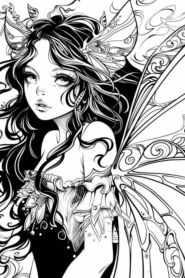 Elegant fairy with curly long hair and ornate decorative wings, art nouveau and illustration style — free printable fairy coloring book page