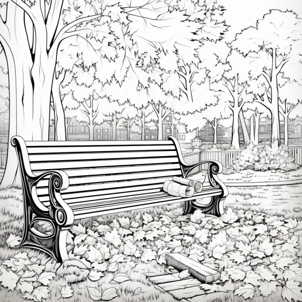 Autumn park bench, realistic line art style — free printable daily leisure coloring book page