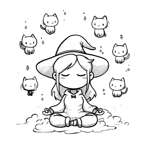 Cute little witch meditating with floating cats, cartoon style — free printable meditation coloring book page