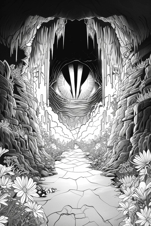 Giant fantasy eye at the end of a cave, canyon path lined with daisies and rocks — free printable mystery coloring book page