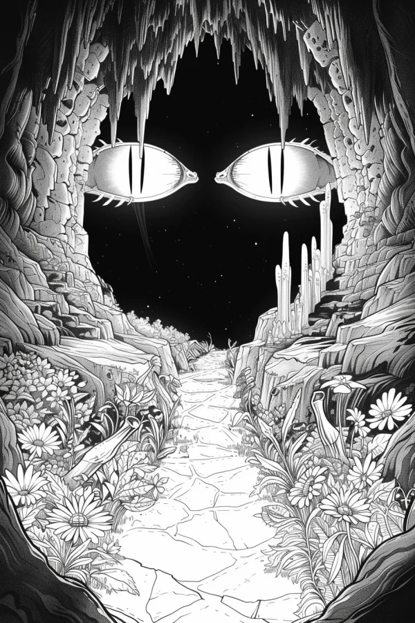 Fantasy giant eyes at cave entrance, fantasy sketch style — free printable mystery coloring book page
