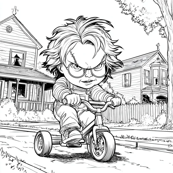 Horror chucky doll riding a tricycle, cartoon horror style — free printable film character coloring book page