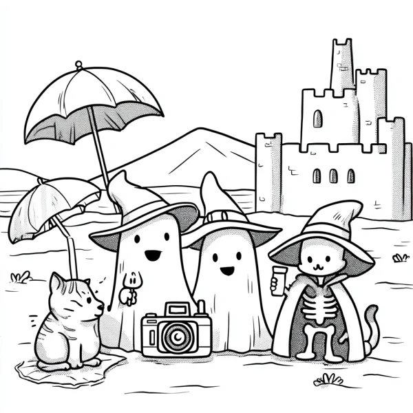 Halloween ghosts with witch hats and skeleton cat on beach, cartoon style — free printable beach holiday coloring book page