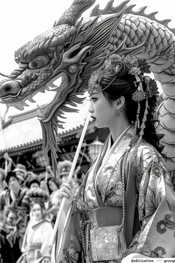 Kimono woman holding dragon ceremonial prop, japanese traditional festival scene with onlookers and ancient buildings — free printable traditional culture coloring book page