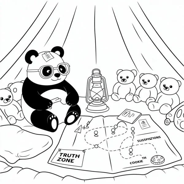 Cartoon panda wearing glasses sitting with teddy bears inside a tent, featuring oil lamp — free printable games coloring book page