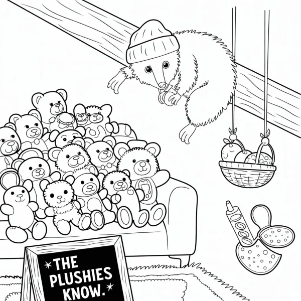 Eerie plush bears with a peeking possum, cartoon style — free printable toys coloring book page
