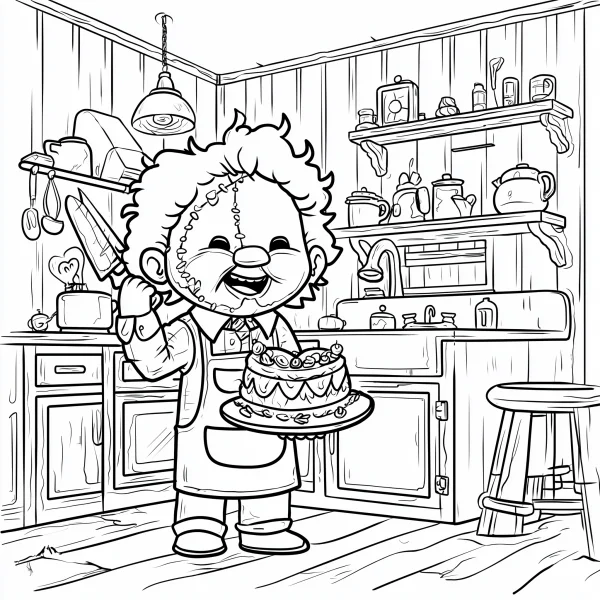Horror doll holding a decorated cake, cartoon horror style — free printable kitchen coloring book page