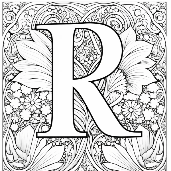 Decorative letter r with floral patterns, art nouveau style — free printable letter art coloring book page