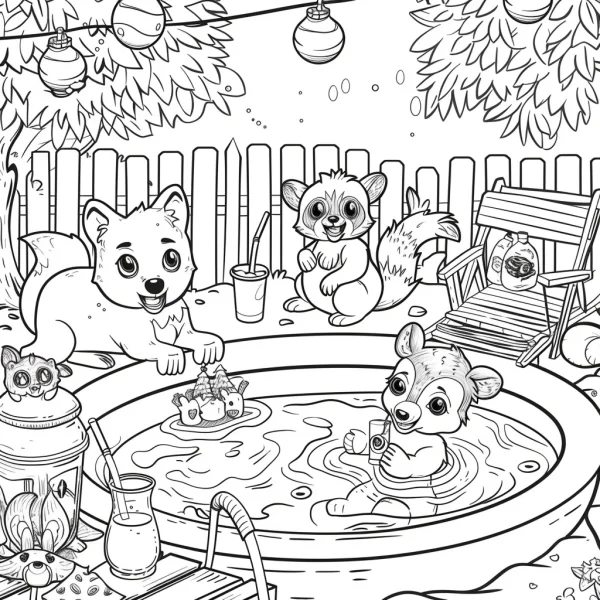 Cute little animals playing in a pool, cartoon style — free printable swimming coloring book page