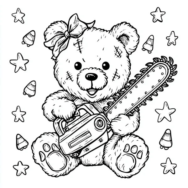 Stuffed teddy bear with patches holding a chainsaw, cartoon horror style — free printable toys coloring book page