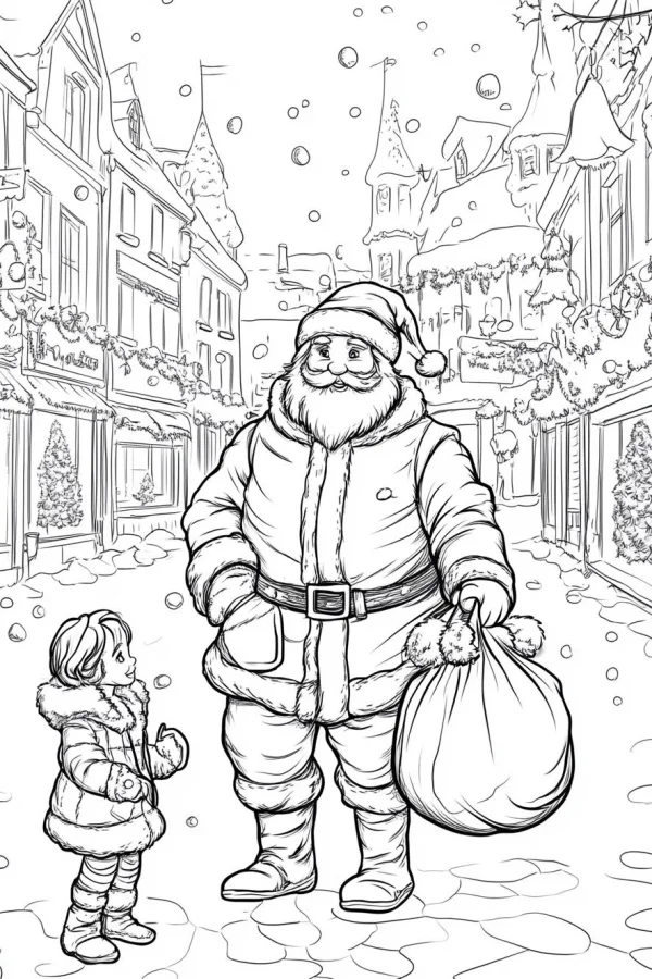 Santa claus and little girl in a snowy winter town, cartoon style — free printable parent-child coloring book page