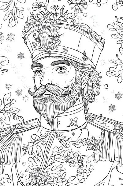 Coloring book page, vintage court noble man with decorated hat and beard — free printable court coloring book page