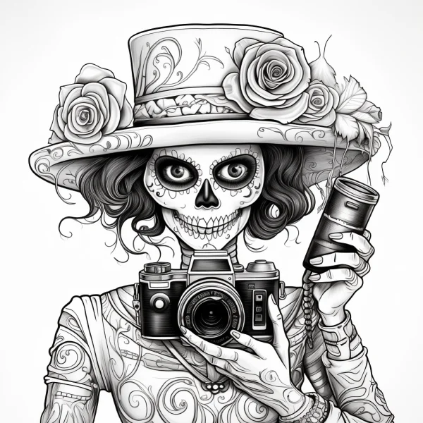 Day of the dead sugar skull woman holding vintage camera, retro illustration style — free printable photography coloring book page
