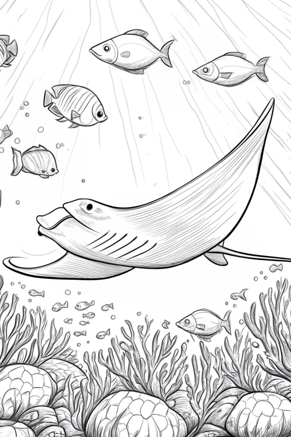 Coloring book page, ray fish with school of fish in underwater scene — free printable underwater world coloring book page