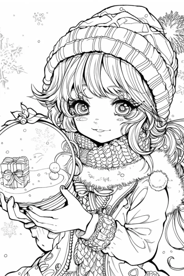 Cartoon winter girl holding snow globe with gift box and snowballs, anime cartoon style — free printable cartoon characters coloring book page
